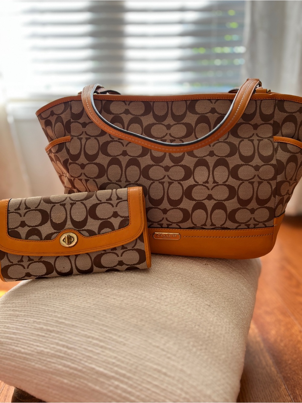 Coach Brown Signature Canvas Tote with Orange Leather Trim and Matching Wallet